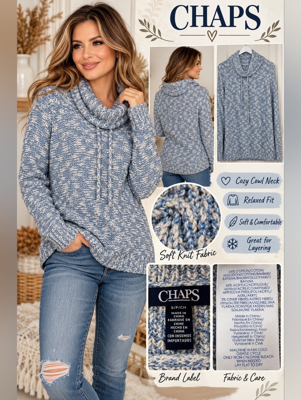 Chaps Blue and Cream Marled Cowl Neck Sweater